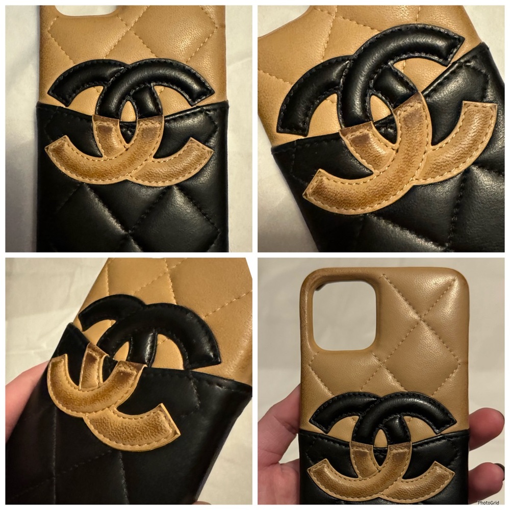 AUTHENTIC CHANEL Tan Black Matelasse Leather Interlocking CC Quilted Phone Case - Picture 6 of 16